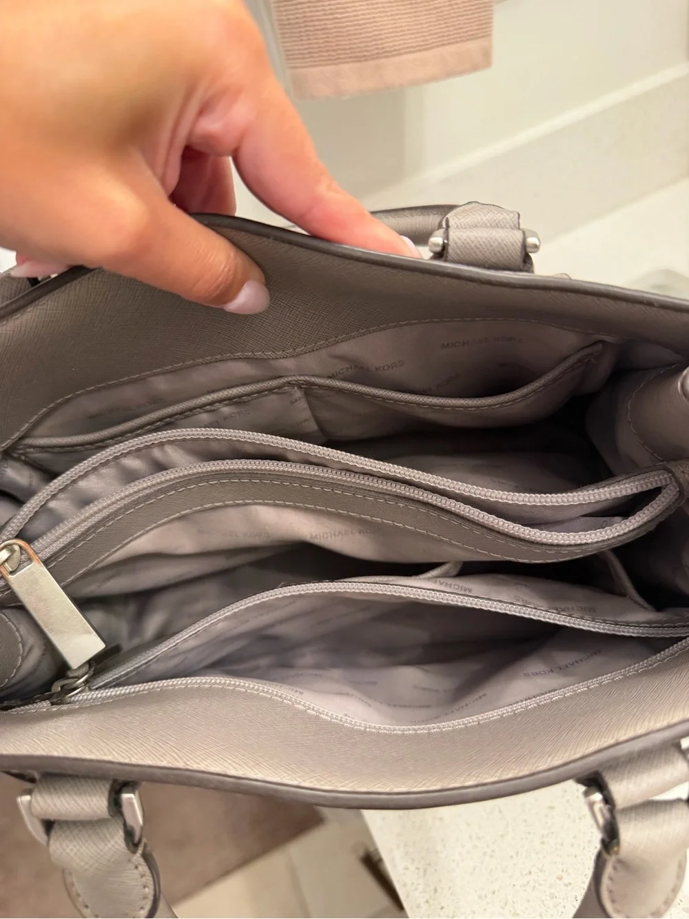 Michael Kors Taupe Leather Satchel with Silver Chain